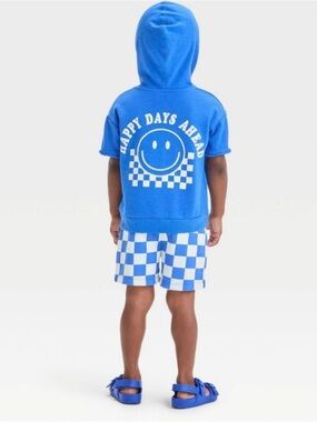 Kids Blue 'Happy Days Ahead' Hoodie & Checkerboard Shorts Matching Set